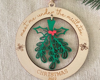 Mistletoe Wood Christmas Ornaments, Meet Me Under The Mistletoe