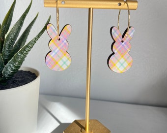 Bunny Hoop Earrings, Spring Earrings, Patternply Wood Earrings, Easter Earrings, Wood, Easter Bunny