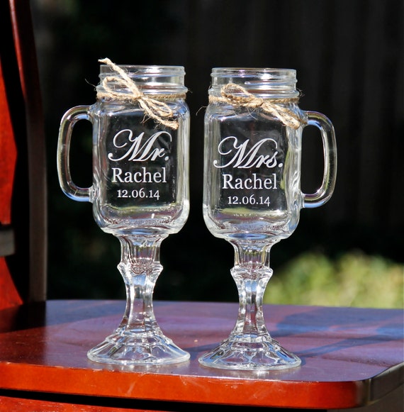 2 Mason Jar MUG Wine Glass Personalized Etched Glass Redneck