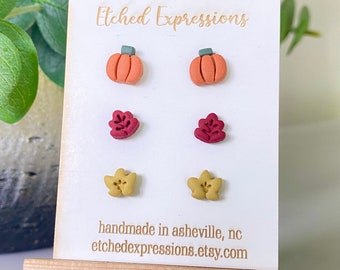 Pumpkins, Leaf Earrings, Fall Earrings, Halloween Earrings, Stud Packs, Clay Earrings, Polymer Clay, 2 pack