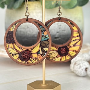 Sunflower Earrings \ Sunflower Hoop Inlay Earrings \ Sunflowers \ Sunflower Acrylic Earrings \ Walnut