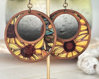 Sunflower Earrings \ Sunflower Hoop Inlay Earrings \ Sunflowers \ Sunflower Acrylic Earrings \ Walnut