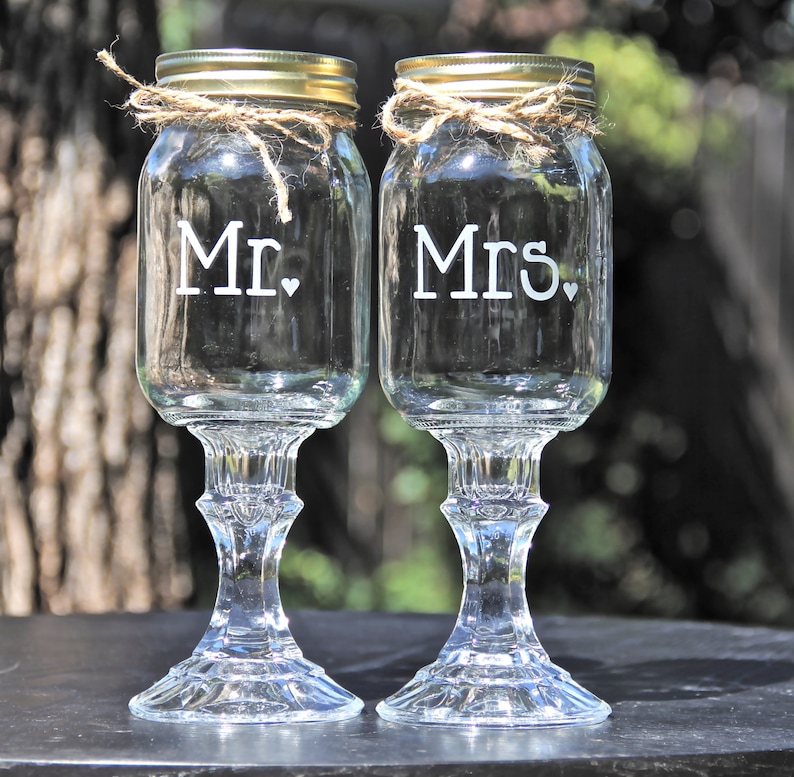 2 Mason Jar Wine Glasses, Mr and Mrs Redneck Wine glass set Wedding image 1