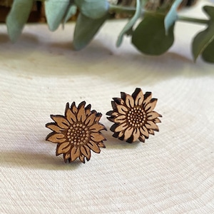 Sunflower Wood Earrings, Fall Earrings, Wood Studs