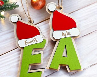 Personalized Santa Hat Initial Ornament: Custom Wood Christmas Decoration