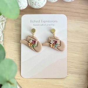 Floral Cowgirl Hat Earrings – Handmade Polymer Clay Earrings | Western Boho Statement Jewelry | Lightweight + Nickel Free