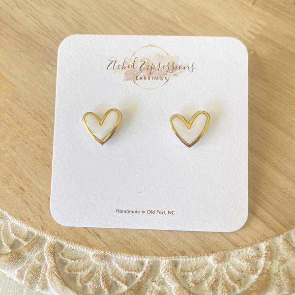 Heart Studs, Polymer Clay White Heart Earrings, Gold Heart Valentines Day Earrings, White Heart Studs