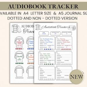 Può includere: Un tracker per audiolibri stampabile con il testo AUDIOBOOK TRACKER, AVAILABLE IN A4 LETTER SIZE & A5 JOURNAL SIZE DOTTED AND NON-DOTTED VERSION. Il layout include sezioni per titoli di libri, autori, narratori, generi e valutazioni a stelle.