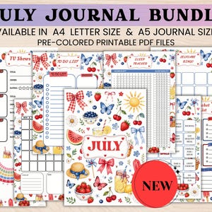 May include: A July journal bundle featuring printable PDF pages with summer-themed illustrations of cherries, strawberries, watermelons, butterflies, suns, and straw hats. The pages include trackers for TV shows, to-do lists, sleep, and self-care bingo.