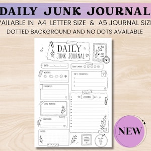 May include: A printable daily junk journal page featuring black line art on a white background. Sections include date, weather, mood, top 3 priorities, currently, little moments, gratitude, and notes, decorated with hand-drawn floral doodles.