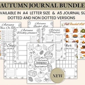 May include: An autumn journal bundle featuring various printable pages with black and white line art of pumpkins, leaves, and acorns. Text includes Autumn Journal Bundle, Autumn This Or That, Autumn Weekly Planner, Autumn Playlist, and Fall Bucket List.