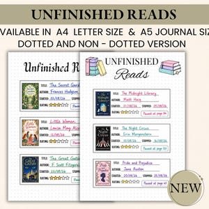 May include: A printable Unfinished Reads book tracker sheet available in A4 letter and A5 journal sizes, featuring dotted and non-dotted versions. The layout includes spaces for book titles, authors, start and stop dates, ratings, and page markers.