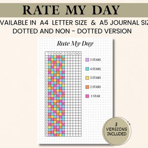 May include: A Rate My Day printable tracker sheet with a dotted grid background. It features a table with rows numbered 1 to 31 and columns for days of the month. A color-coded legend defines 1 to 5 stars using pink, orange, yellow, blue, and purple squares.