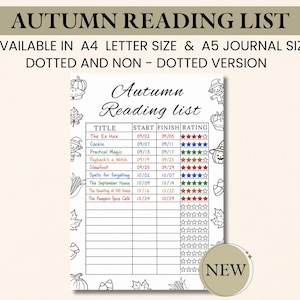 Op de afbeelding: Een herfst leeslijst printbare tracker met een tabel met kolommen voor Titel, Start, Finish en Rating. De rand is versierd met zwart-witte lijntekeningen van pompoenen, bladeren, maïs en heksen. Tekst bevat Autumn Reading List.