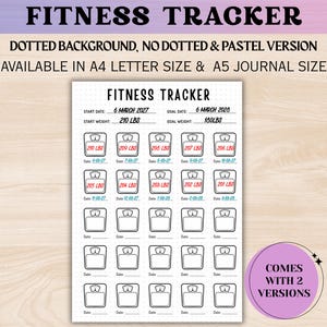 May include: A fitness tracker printable sheet featuring a grid of scale icons for weight logging. The header reads FITNESS TRACKER, with fields for start date, goal date, start weight of 210 LBS, and goal weight of 180 LBS. Includes 25 scale icons.
