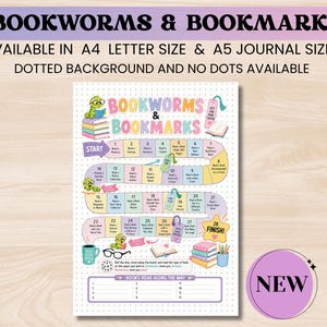 May include: A reading challenge game board titled Bookworms & Bookmarks with a dotted background. The board features a winding path of twenty-eight numbered spaces with reading prompts, illustrated with green worms, stacks of books, and bookmarks.