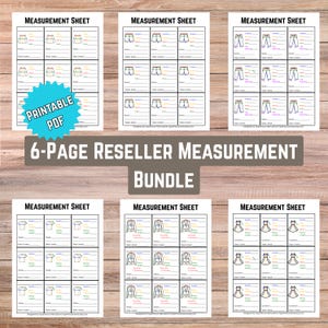 Può includere: Un pacchetto di 6 fogli di misurazione stampabili in PDF per rivenditori, con pagine bianche, testo nero e disegni al tratto di vari capi di abbigliamento come gonne, pantaloncini, pantaloni, camicie, giacche e abiti con campi per le misure.