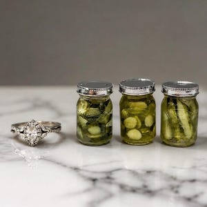 Könnte beinhalten: Ein silberfarbener Ring mit einem zentralen Stein im Marquise-Schliff, umgeben von kleineren Akzentsteinen, neben drei Miniatur-Gläsern mit silbernen Deckeln, die jeweils kleine grüne eingelegte Gemüse in einer klaren Flüssigkeit enthalten.