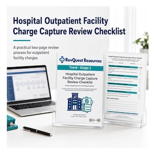 Pode incluir: Um documento Hospital Outpatient Facility Charge Capture Review Checklist exibido em um suporte de acrílico transparente. O documento apresenta marca azul e branca, um ícone de hospital, um gráfico de prancheta e o texto RevQuest Resources Track Stage 2.