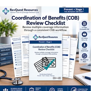Pode incluir: Uma lista de verificação de coordenação de benefícios (COB) em formato PDF imprimível de 6 páginas da RevQuest Resources. O documento apresenta um design azul e branco, um ícone de cruz médica e texto detalhando um fluxo de trabalho COB consistente.