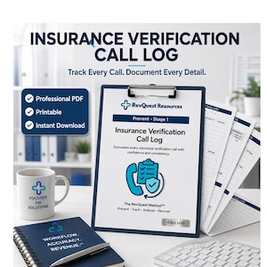 May include: A clipboard holding an Insurance Verification Call Log document with a blue phone and shield icon, alongside a matching notebook, a white mug with a logo, and several printed log sheets featuring the RevQuest Resources branding.
