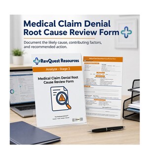May include: A white Medical Claim Denial Root Cause Review Form document with blue and orange accents. The form features the RevQuest Resources logo, the text Analyze Stage 3, and a magnifying glass icon over a document with an exclamation mark.