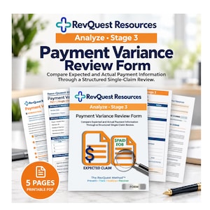 Può includere: Un documento PDF stampabile di cinque pagine intitolato RevQuest Resources Analyze Stage 3 Payment Variance Review Form. Il modulo include sezioni per i dettagli del reclamo, le informazioni sui pagamenti previsti ed effettivi e un'icona a forma di lente d'ingrandimento.