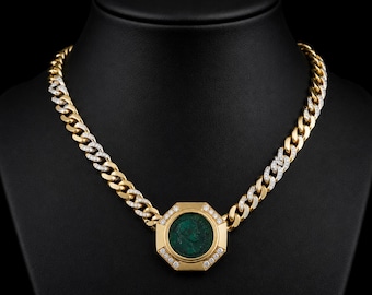 Collar con colgante romano de oro amarillo de 18 quilates con moneda de diamantes, eslabón cubano de diamantes, joyería fina hecha a mano.