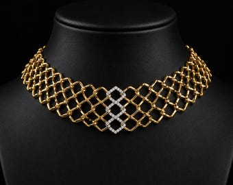 Collar tipo gargantilla de oro amarillo de 18 quilates con diamantes / Gargantilla llamativa hecha a mano con diseño de celosía
