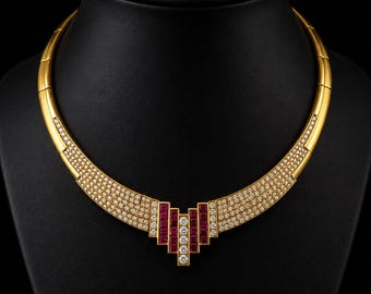 Collar tipo gargantilla de oro amarillo de 18 quilates con diamantes y rubíes / Joyería fina de estilo art déco
