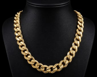 Collar de eslabones cubanos Miami de oro amarillo macizo de 24 quilates / Cadena gruesa de 16 mm, 24 pulgadas de largo