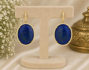 Pendientes colgantes de oro amarillo de 18 quilates con lapislázuli y diamantes / Joyería colgante llamativa con piedras preciosas naturales