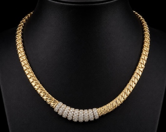 Collar de diamantes en oro amarillo de 18 quilates / Gargantilla llamativa de oro macizo, joyería fina nupcial