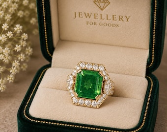 Anillo de diamantes y esmeralda colombiana con certificación GIA / Joyería llamativa de oro amarillo de 18 quilates