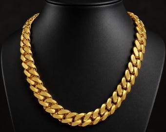 Collar de eslabones cubanos de oro amarillo macizo de 24 quilates / Cadena gruesa de 16 mm para hombre y mujer.