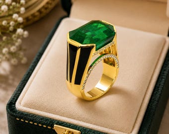 Anillo de esmeralda verde colombiana talla esmeralda de 12,06 quilates, oro amarillo macizo de 18 quilates, con detalles de diamantes.
