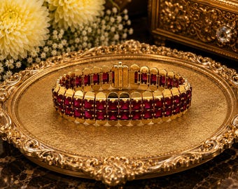 Pulsera de oro macizo de 18 quilates con granate rojo / Joyería llamativa con dos filas de bordes acampanados