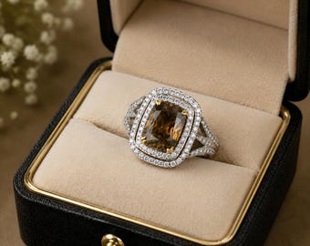 Anillo de compromiso extragrande con diamante natural de 7,94 quilates / Anillo de cóctel con halo de oro de 18 quilates bicolor