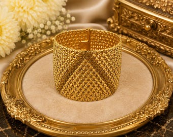 Pulsera de oro amarillo de 18 quilates con diseño de cesta tejida / Brazalete estilo italiano con corte de diamante 116,3 g
