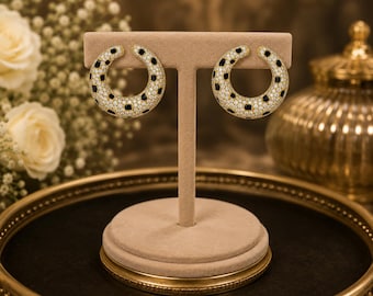 18K Yellow Gold Onyx Diamond Hoop Earrings | Vintage Estate Statement Jewelry