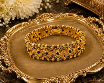 Pulsera de eslabones de zafiro y rubí en oro amarillo de 18 quilates / Joyería vintage de gran valor