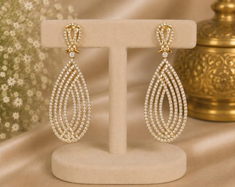 Pendientes colgantes en forma de lágrima con diamantes naturales de 7,74 quilates / Joyería nupcial llamativa en oro amarillo macizo de 14 quilates