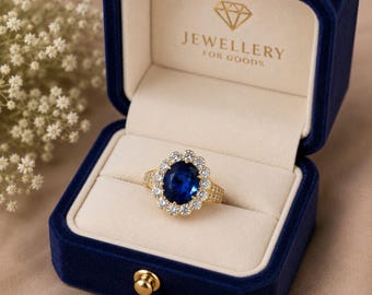 Anillo con halo de diamantes y zafiro birmano / Joyería llamativa de oro amarillo de 18 quilates (certificados incluidos)