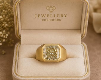 Anillo llamativo de oro amarillo de 18 quilates con diamante talla cojín / Joyería fina de lujo hecha a mano