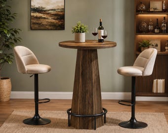 Rustic Round Bar Table Solid Wood Kitchen Breakfast Dining Pedestal Table Walnut Style Furniture