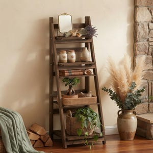 Foldable 4-Tier Wooden Ladder Shelf: Rustic Plant Stand, Bookshelf, Indoor Outdoor Decor