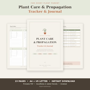 Op de afbeelding: Een digitaal dagboek voor plantenverzorging en vermeerdering met een voorpagina voorzien van een icoon van een kleine potplant, de tekst Plant Care & Propagation Tracker & Journal en secties voor profielen en notities.
