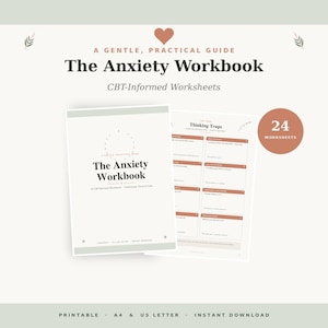 Könnte beinhalten: Ein digitales Arbeitsbuch mit dem Titel The Anxiety Workbook mit CBT-informierten Arbeitsblättern. Das Cover zeigt ein Herzsymbol, Text und einen hellgrünen Rand. Eine zweite Seite zeigt Denkmuster mit terrakottafarbenen Kopfzeilen.
