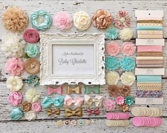 DIY Baby Headband Making Kit - Baby Shower - Aqua, Ivory, Gold, Pink, & Beige - MAKES 15 + or 30+ HEADBANDS! - HK110-15 / HK110-30