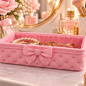 May include: A rectangular pink storage box featuring a quilted exterior pattern and a central pink bow with a small crystal accent. The interior of the box contains several gold-toned bracelets and a pearl-beaded bracelet, providing a storage solution.